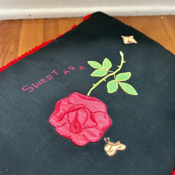 Vintage Handmade "Sweet as a Rose" Black Pillow with Red Pom Pom Trim Border - Picture 12 of 12